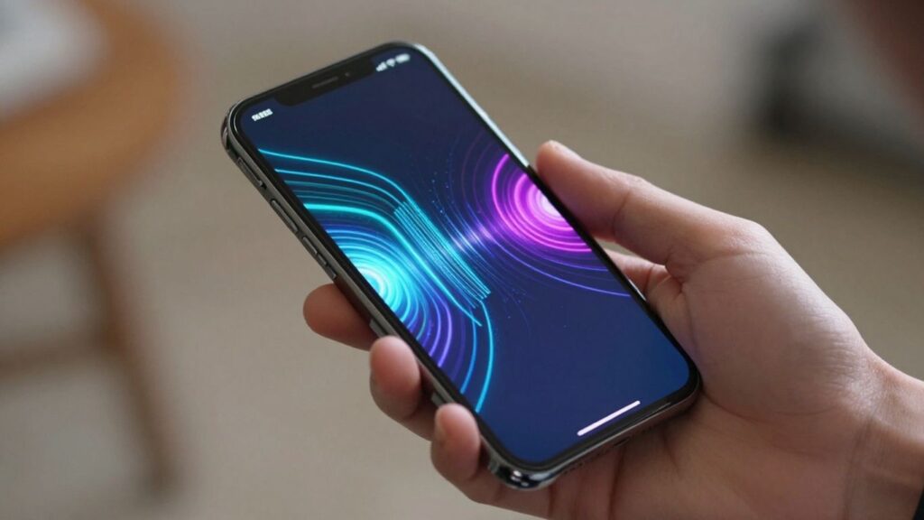 Mano sosteniendo un teléfono celular con una interfaz digital.