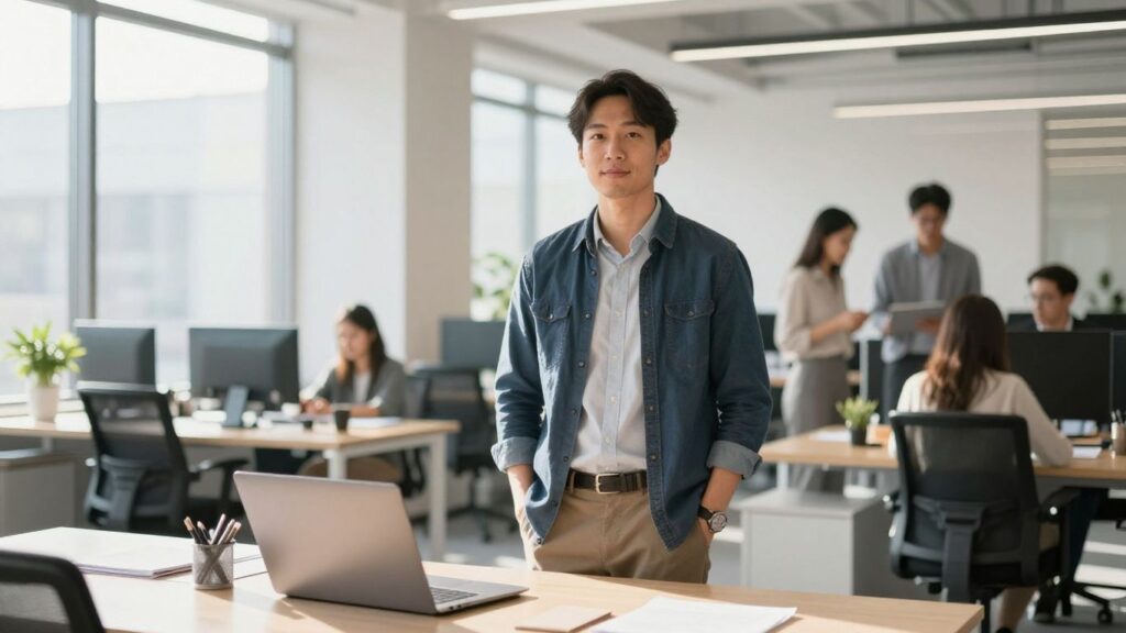 Persona sonriendo con confianza en un entorno de oficina moderno.